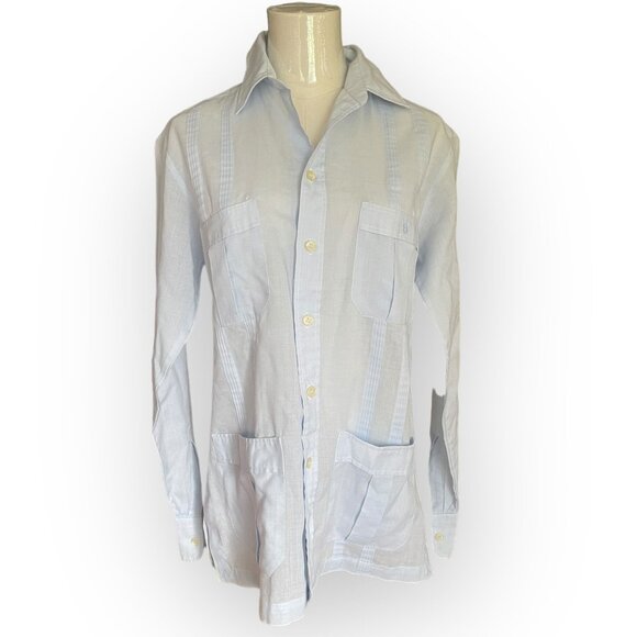 VTG Christian Dior Pale Blue Pleated Long Sleeve Guayabera Shirt Small - Picture 5 of 11